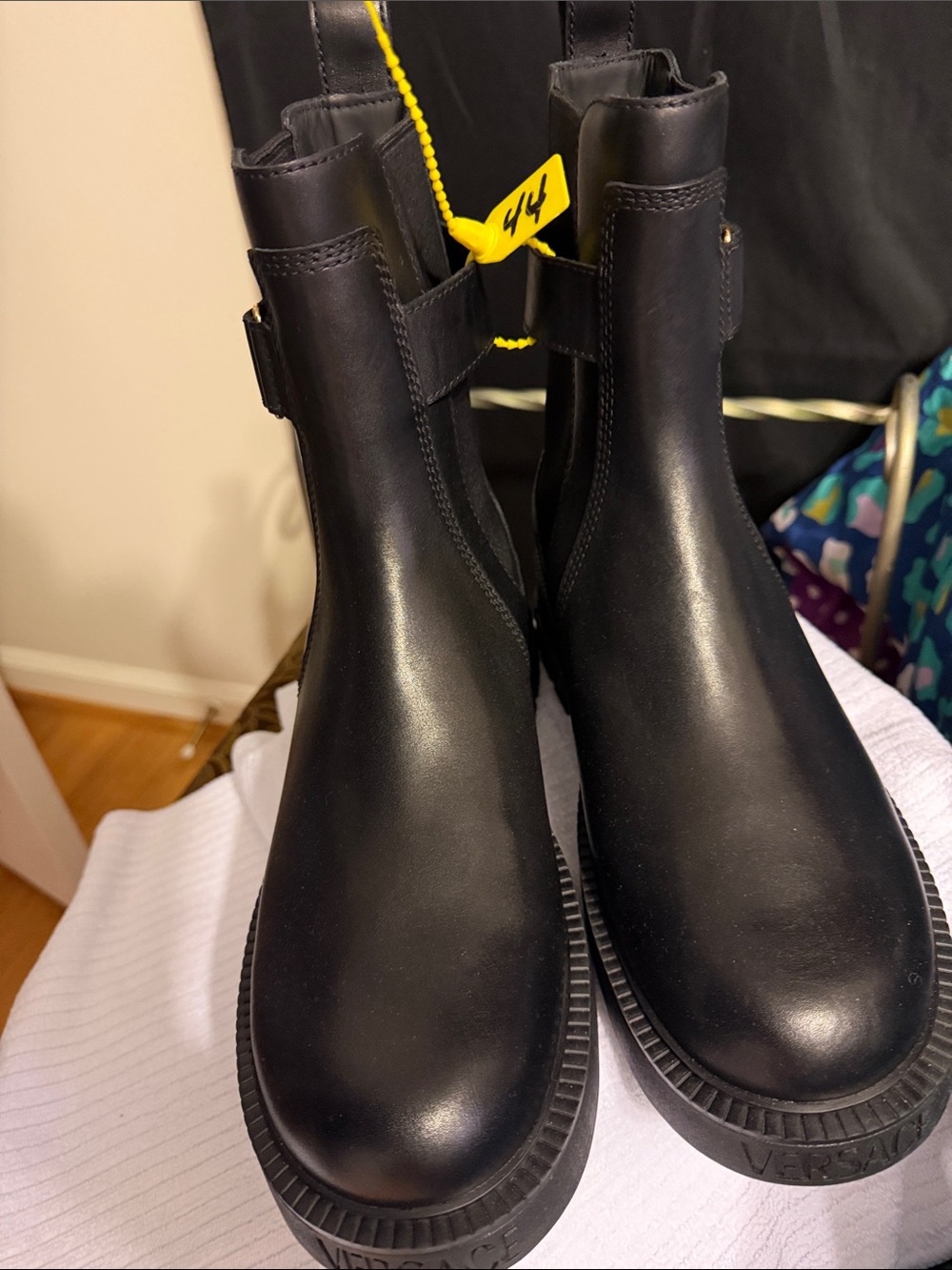 Versace Black Leather Buckle Chelsea Boot with Greek Key Sole